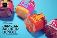 Four colorful jam jars with vibrant labels displayed on a bright blue surface, shown from an angled top view.