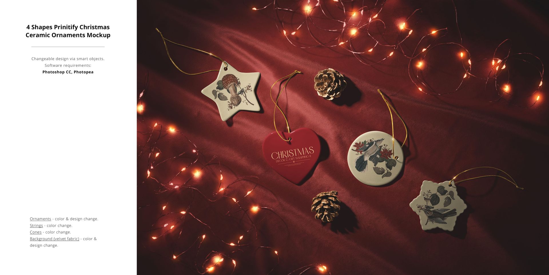 PSD mockup featuring assorted Christmas ornaments in star, heart, and circle shapes set on festive red fabric.