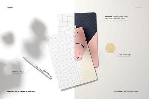 A5 size notebook mockup set displayed from a top view, featuring various cover designs and a pencil on a split background.