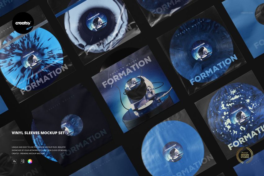 PSD mockup showing a collection of vinyl record sleeves and blue vinyl records in a flat lay arrangement.