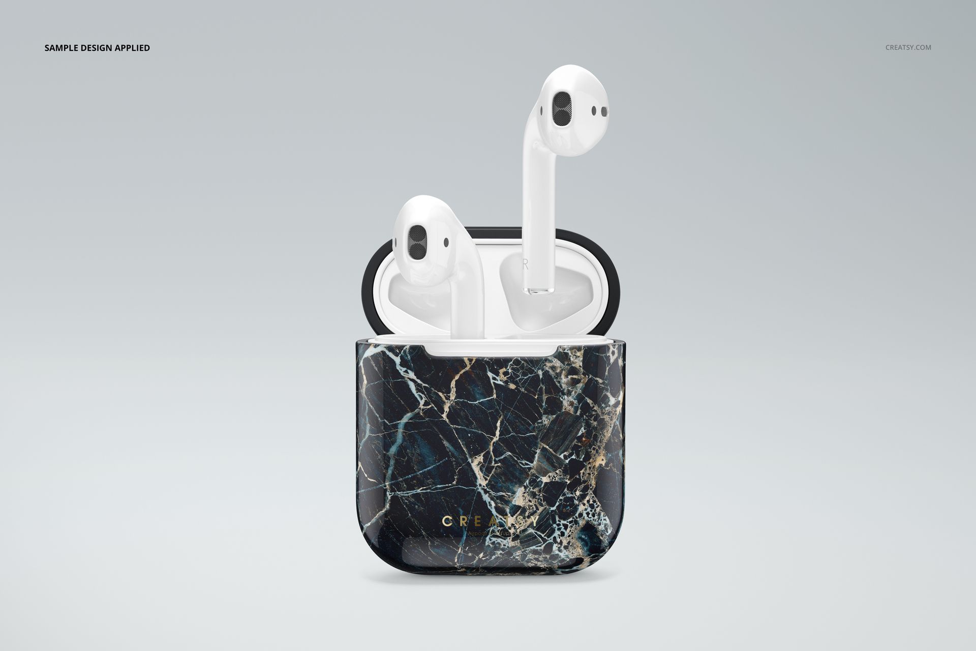 AirPods case mockup featuring a dark marble design, shown open with earbuds inside on a light gray backdrop.