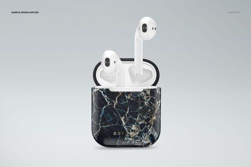 AirPods case mockup featuring a dark marble design, shown open with earbuds inside on a light gray backdrop.