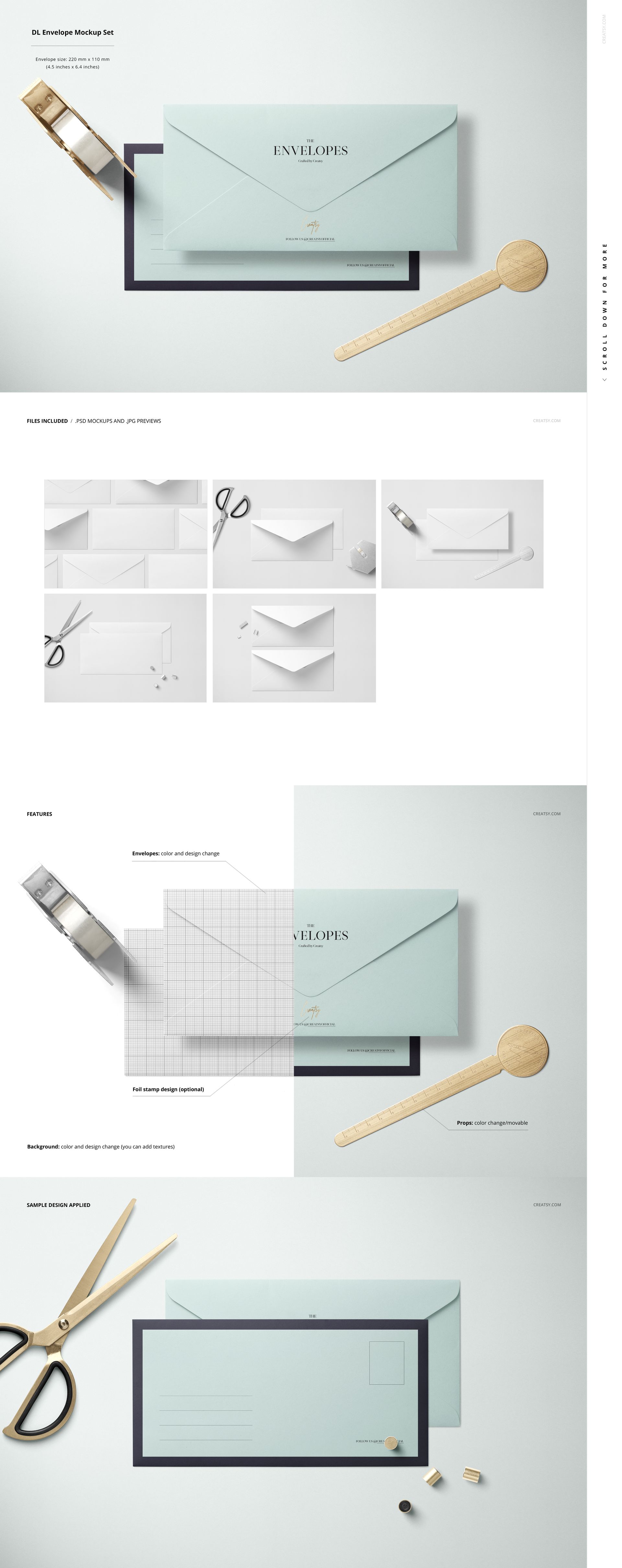 Stationery mockup featuring light blue envelope and matching card on a white surface with wooden props and scissors.