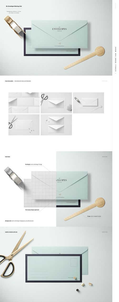 Stationery mockup featuring light blue envelope and matching card on a white surface with wooden props and scissors.