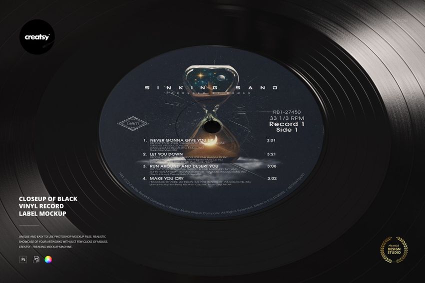Black vinyl record mockup displayed from above, featuring a circular label with song titles and graphic elements.