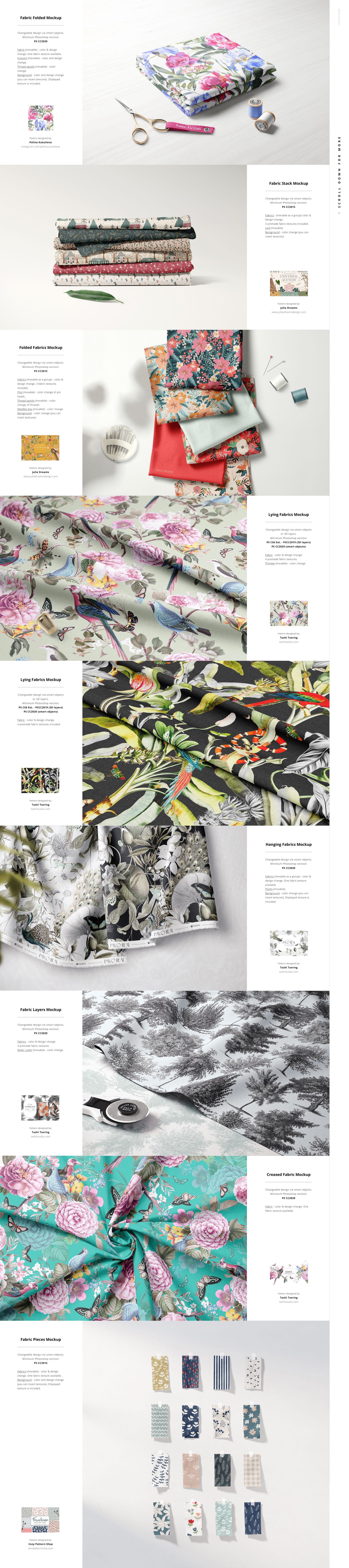 Colorful fabrics in floral, geometric, and abstract designs presented as folded, rolled, and hanging in a realistic mockup.