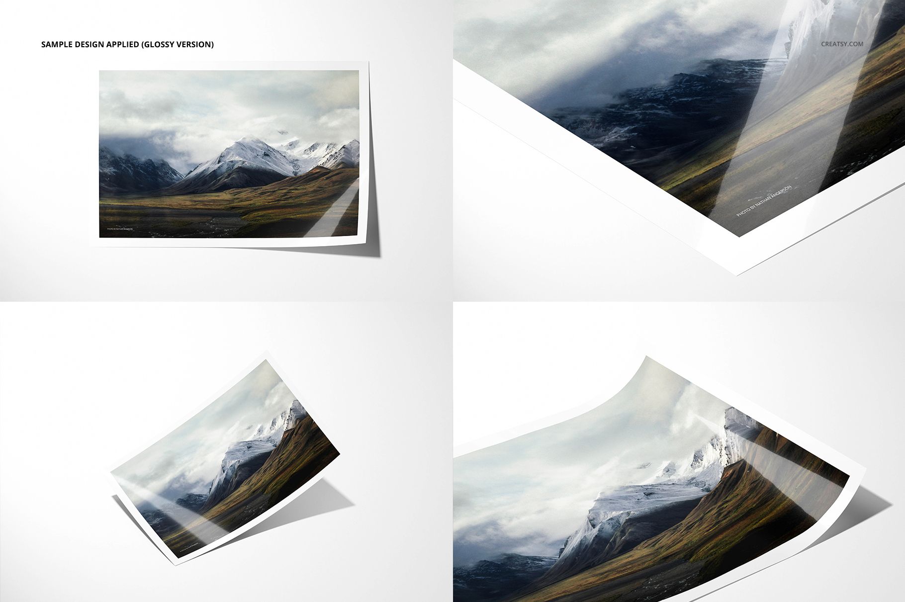 Glossy photo print mockup set featuring landscape images with white borders, shown from various angles on a white background.