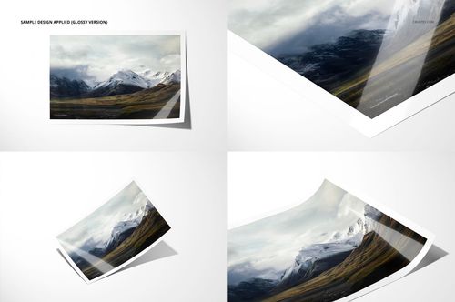Glossy photo print mockup set featuring landscape images with white borders, shown from various angles on a white background.