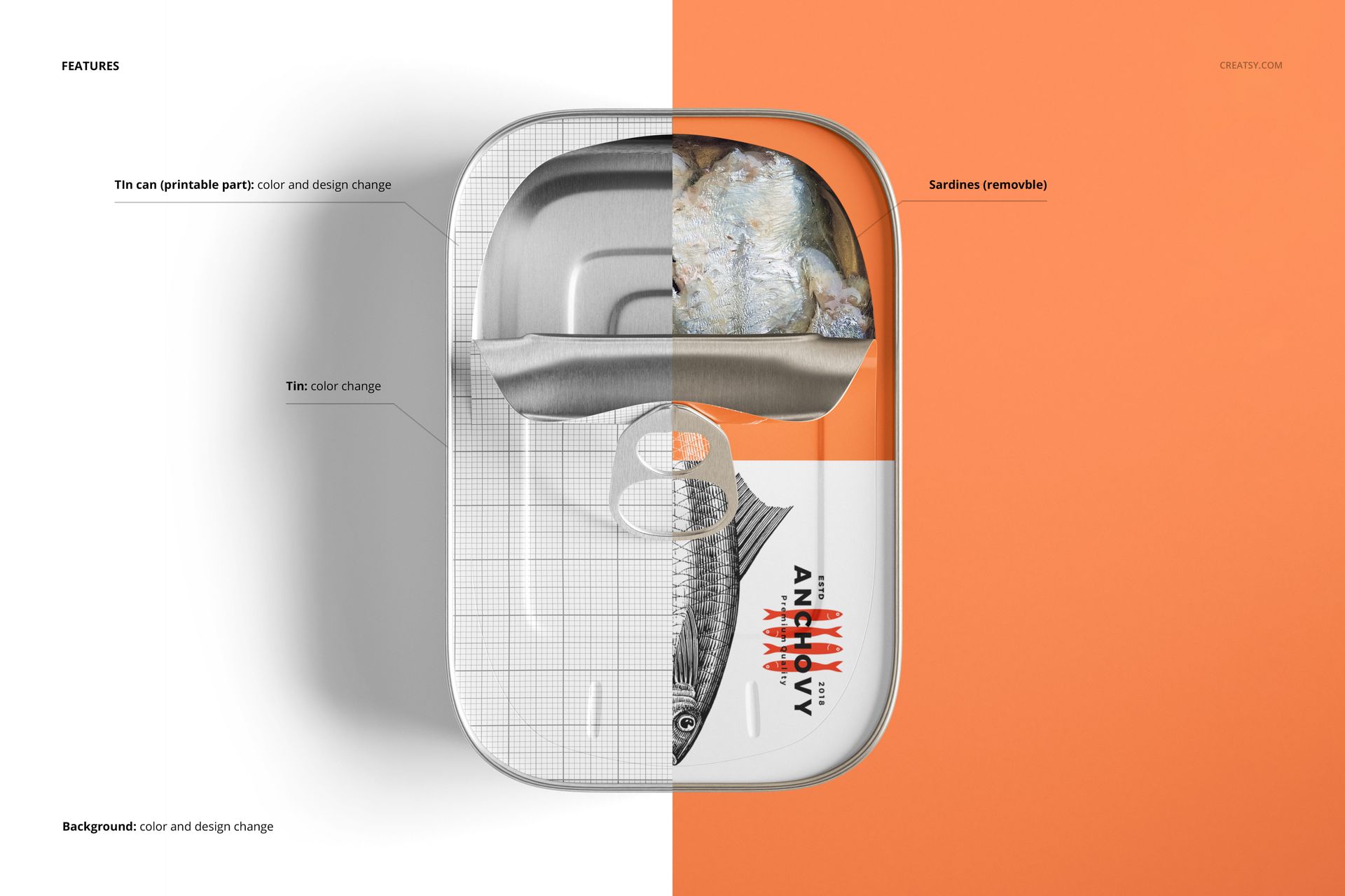 Rectangular sardine fish tin can mockup shown from top view, half with grid pattern and half with orange label, on split background.