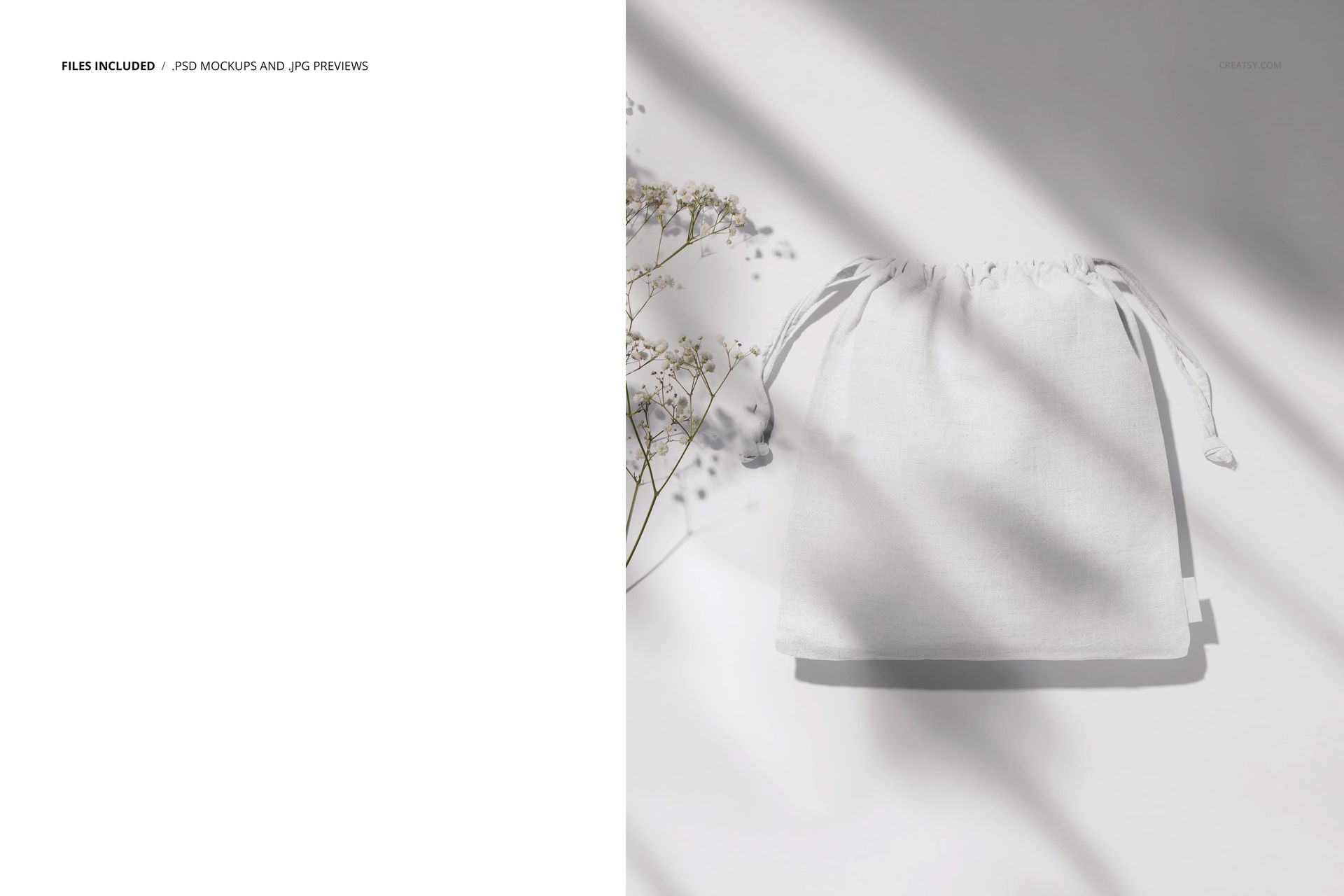 Linen sack mockup shown from above, featuring a natural fabric texture and drawstring, with delicate shadow details.