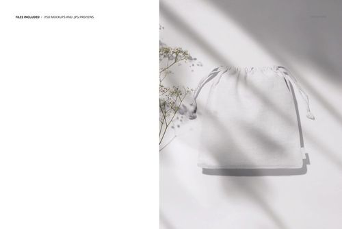 Linen sack mockup shown from above, featuring a natural fabric texture and drawstring, with delicate shadow details.