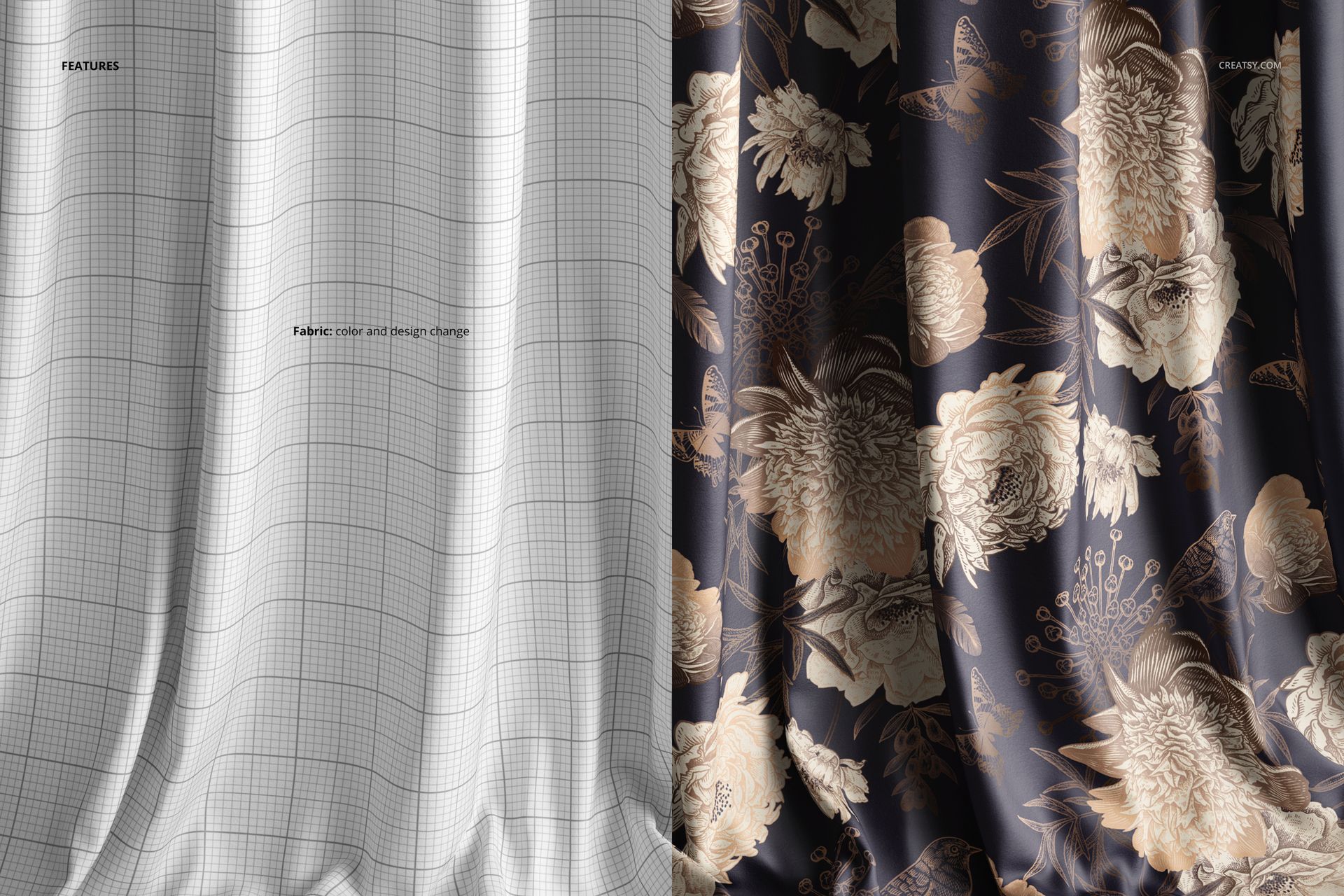 Velvet fabric mockup showing a side-by-side comparison of a blank grid pattern and a floral design, front view.