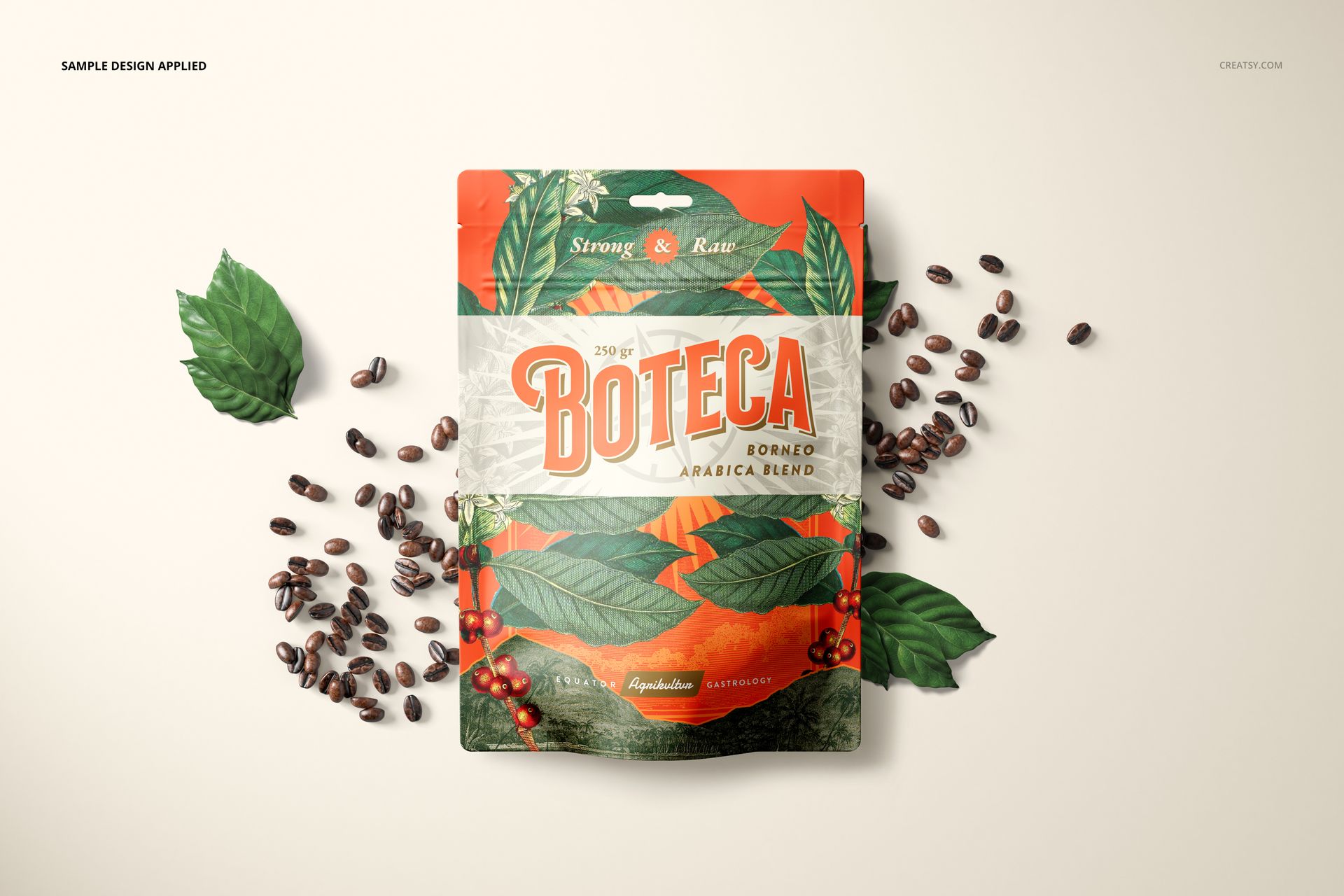 Front view of a doypack bag pouch mockup with a colorful label design, surrounded by coffee beans and green leaves.