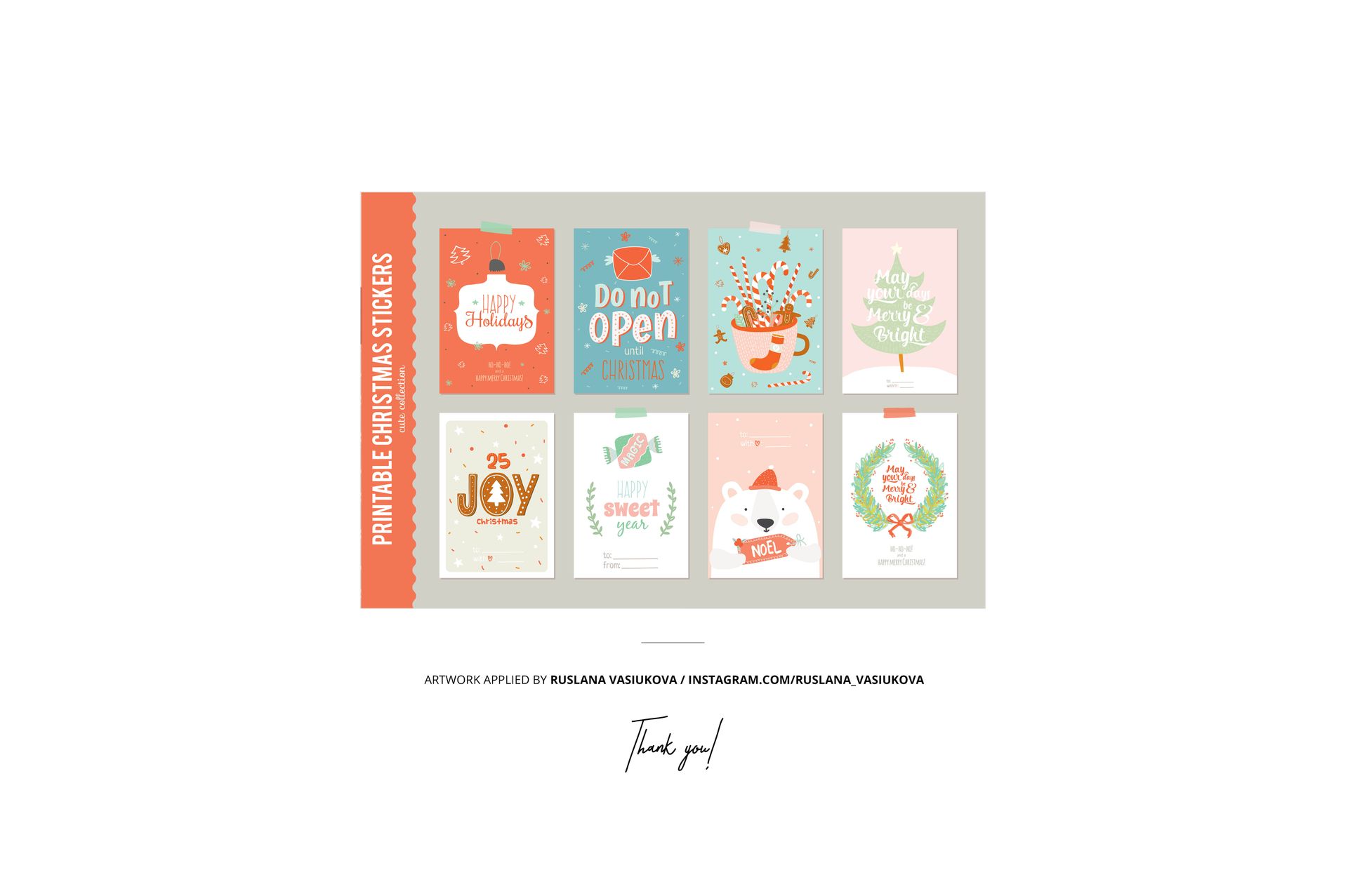 Christmas paper labels mockup set showing assorted designs with seasonal graphics and greetings, viewed from above.