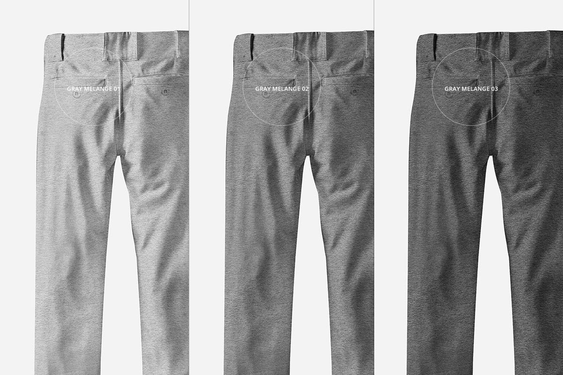 Set of three gray melange baseball pants mockups, back view, each in a different shade, arranged in a row.