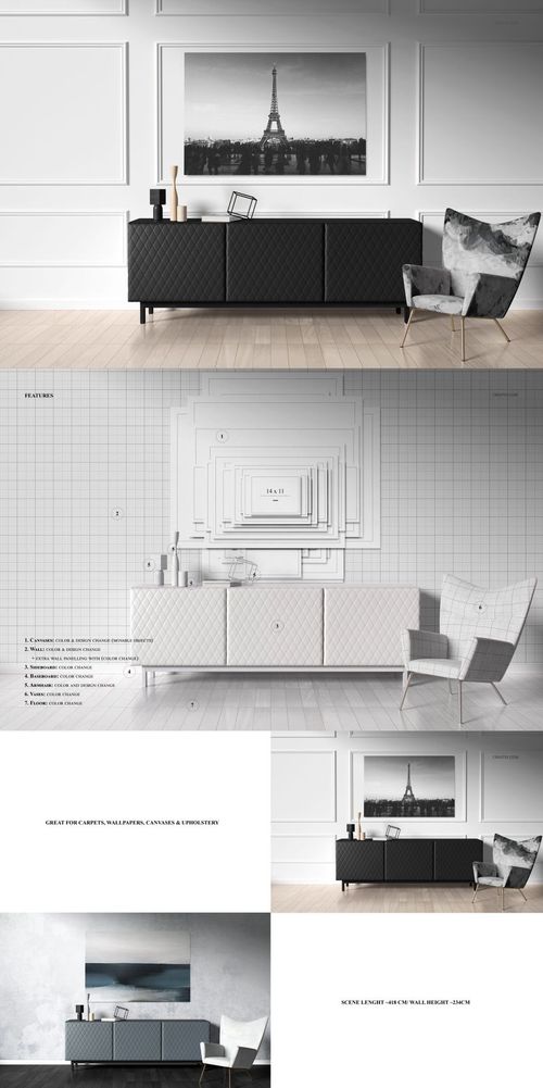 Modern living room scene with a black cabinet, patterned armchair, and wall art, shown in a PSD mockup layout.