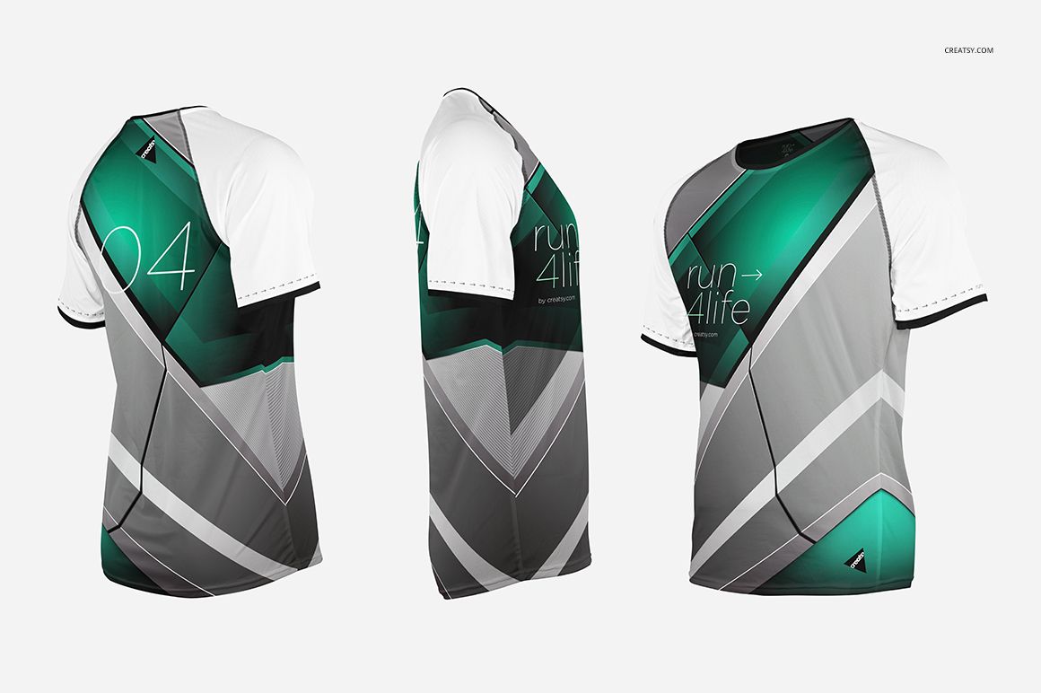 Sport jersey mockup showing front, side, and back views with bold green and gray abstract design elements.