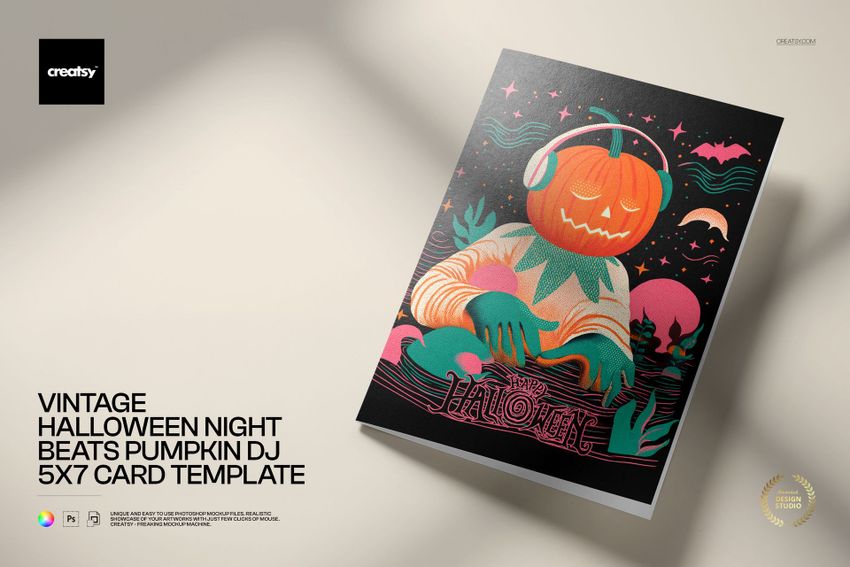 Vintage Halloween Night Beats Pumpkin DJ 5x7 Card Template - mockup screenshot 1