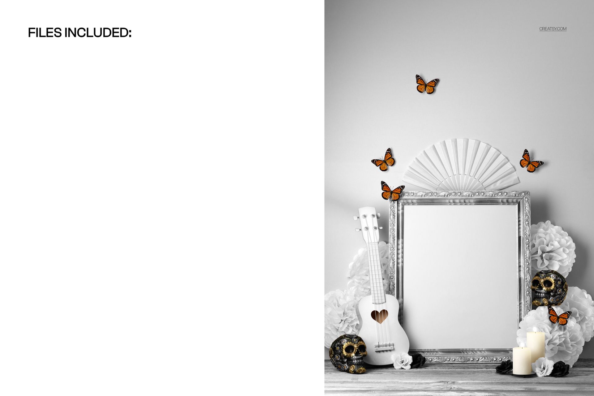 Front view of a Halloween-themed picture frame mockup with decorative skulls, butterflies, white guitar, and candles.