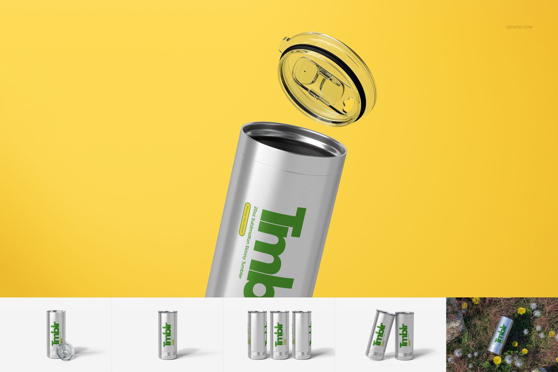 Stainless steel skinny tumbler with green text design, lid floating above, set against a solid yellow background.