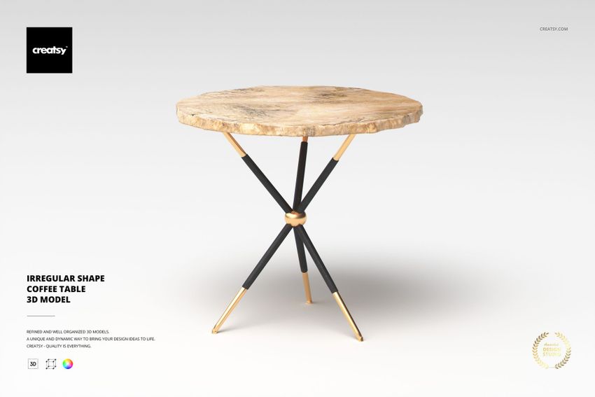 Irregular shape coffee table with a natural wood top and three black legs featuring gold accents, front view on white background.