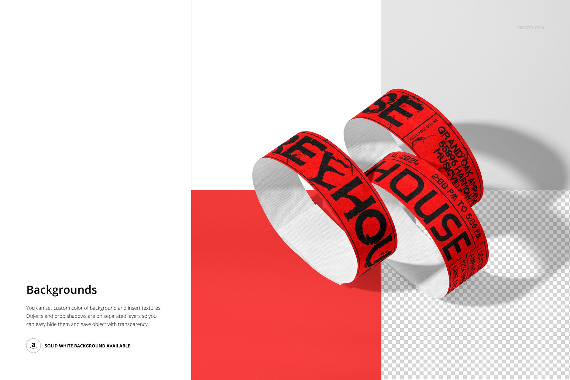 PSD mockup of two paper wristbands featuring striking red and black designs on a minimal, color-blocked background.