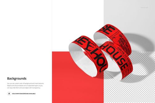PSD mockup of two paper wristbands featuring striking red and black designs on a minimal, color-blocked background.