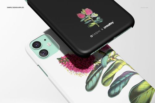 Close-up of two iPhone 11 matte snap cases with floral illustrations, displayed against a light background in a mockup.