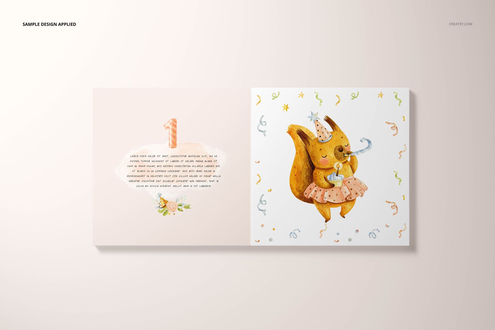Open board book mockup with two visible pages, left page features text and pastel colors, right page shows a squirrel illustration.