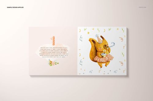 Open board book mockup with two visible pages, left page features text and pastel colors, right page shows a squirrel illustration.