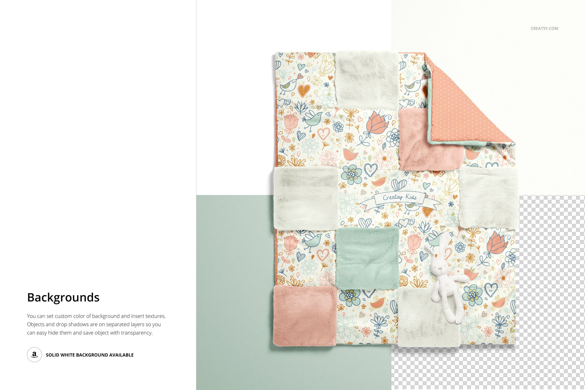 Top view of a baby patchwork quilt mockup with pastel fleece squares, floral prints, and a plush rabbit toy.