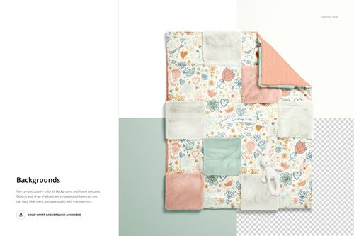 Top view of a baby patchwork quilt mockup with pastel fleece squares, floral prints, and a plush rabbit toy.