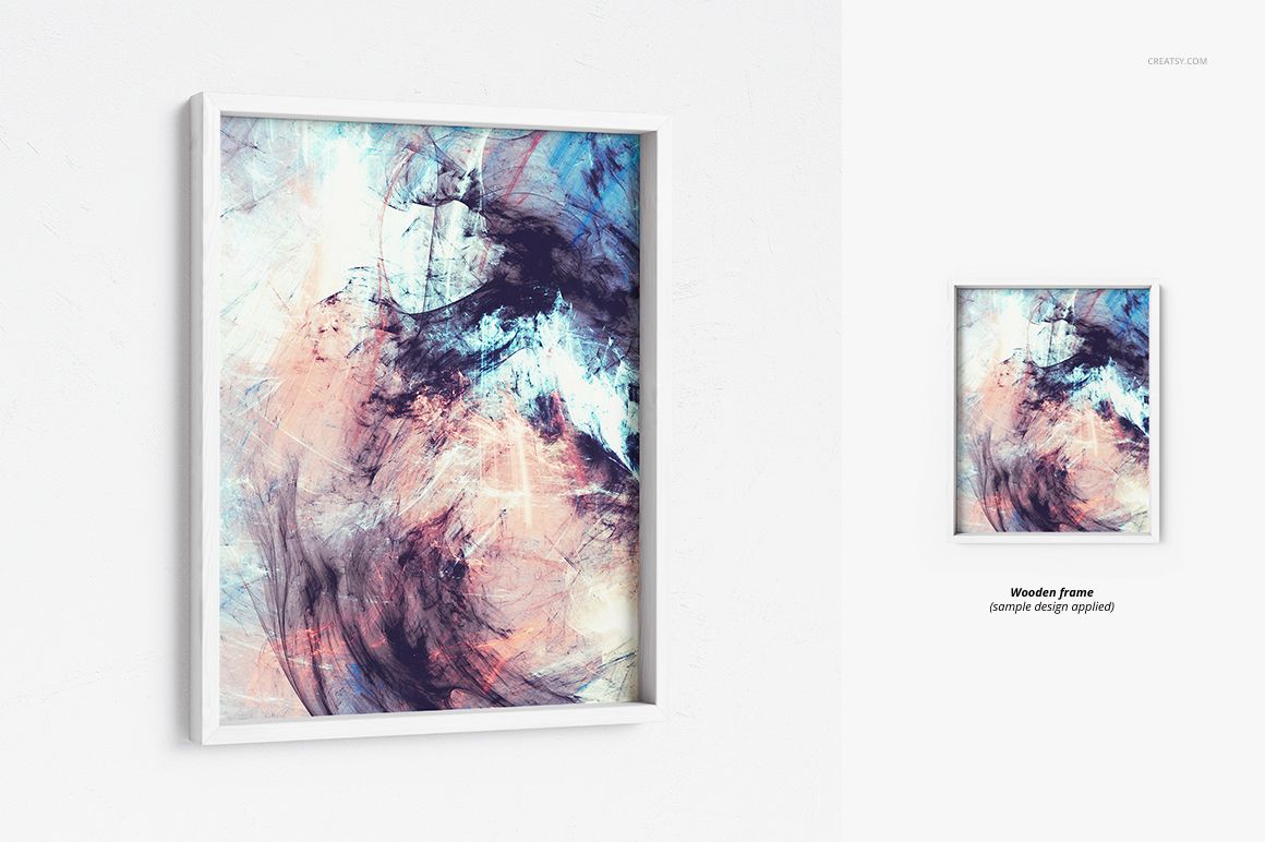 Picture deep frame mockup featuring a white border and vibrant abstract design, displayed on a light textured wall.