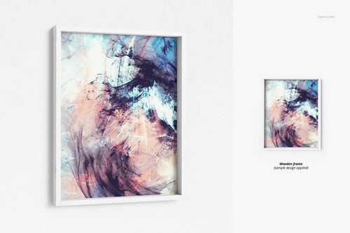 Picture deep frame mockup featuring a white border and vibrant abstract design, displayed on a light textured wall.