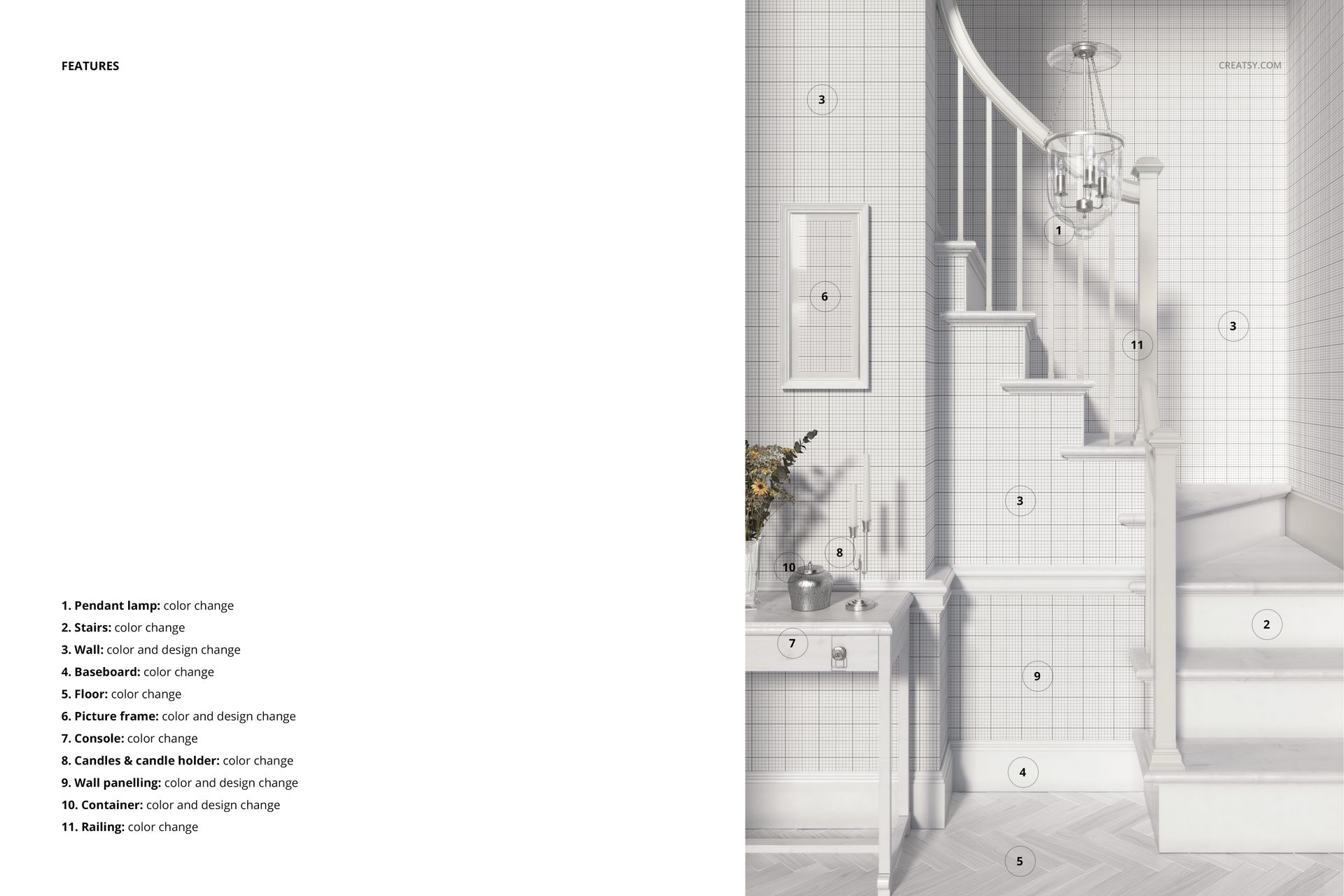 Traditional staircase mockup featuring white tiled walls, wooden steps, and a pendant lamp in a bright interior.