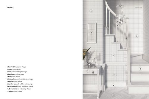 Traditional staircase mockup featuring white tiled walls, wooden steps, and a pendant lamp in a bright interior.