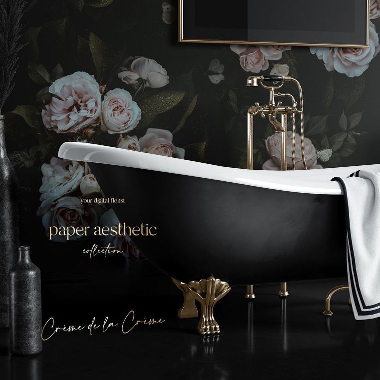 Victorian style bathroom mockup featuring a black clawfoot bathtub with gold fixtures, floral wallpaper, and a white towel draped over the side.