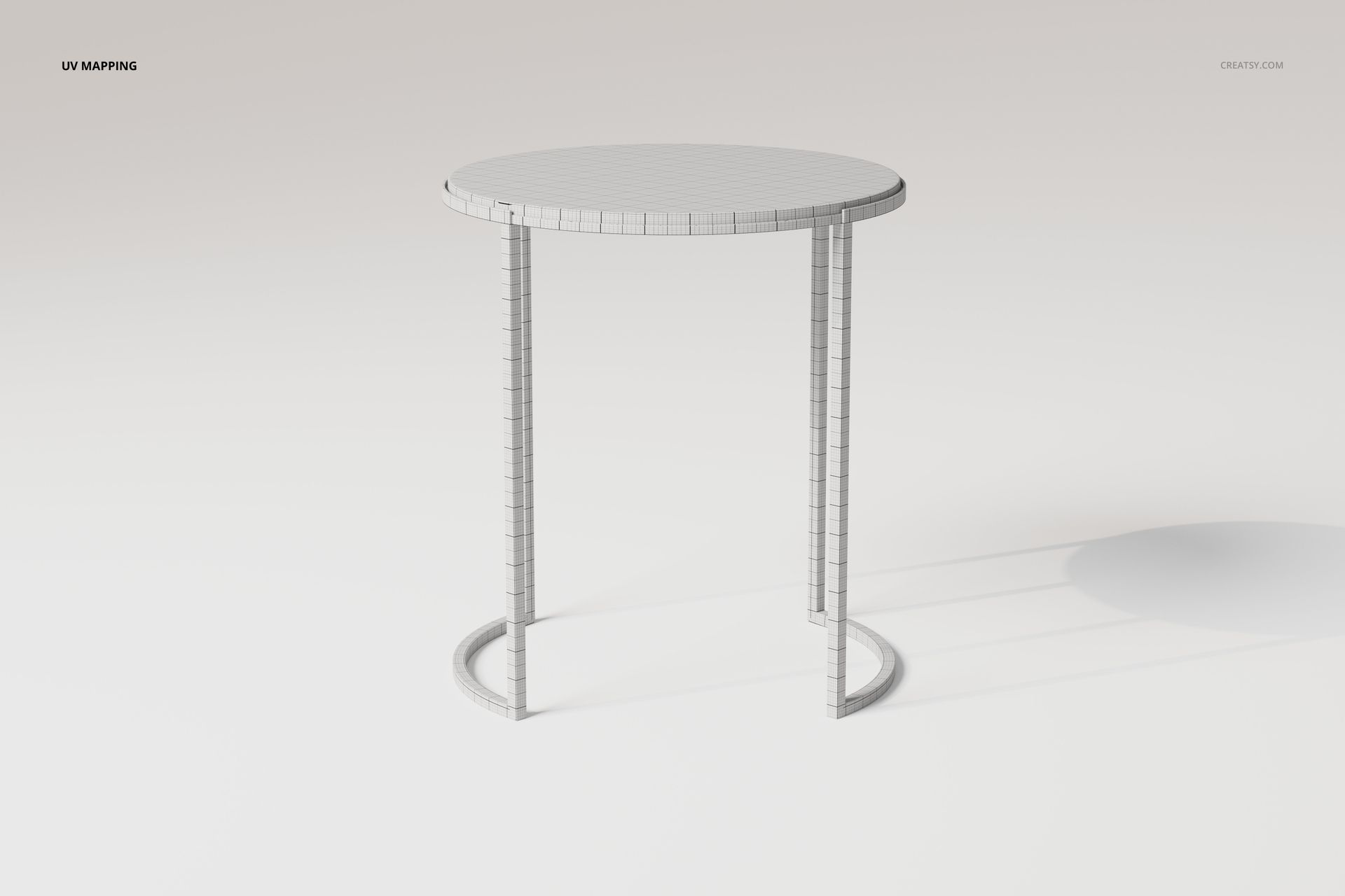 Round loft style side table 3D model with wireframe mesh, shown from a front angle on a white background.