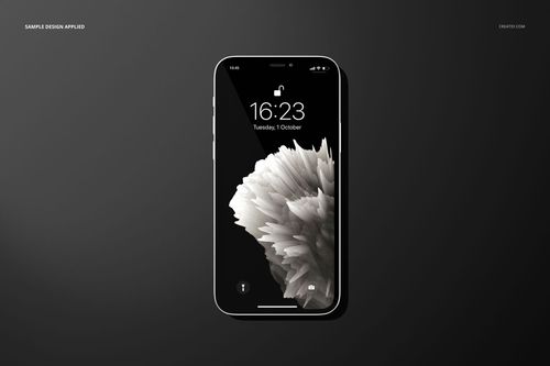 Single iPhone 12 mockup shown from above, featuring a black and white flower design on the screen.