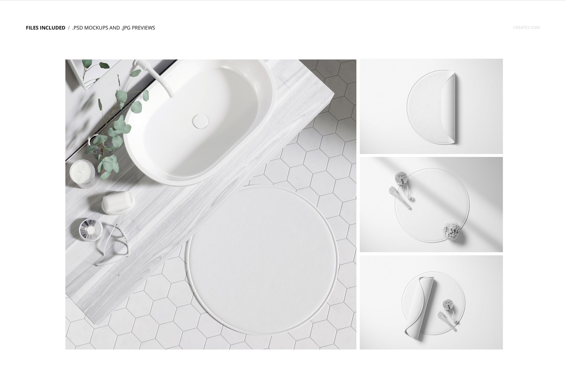 Round white polyester bath mat mockup shown in a bathroom setting with a sink and hexagonal floor tiles.