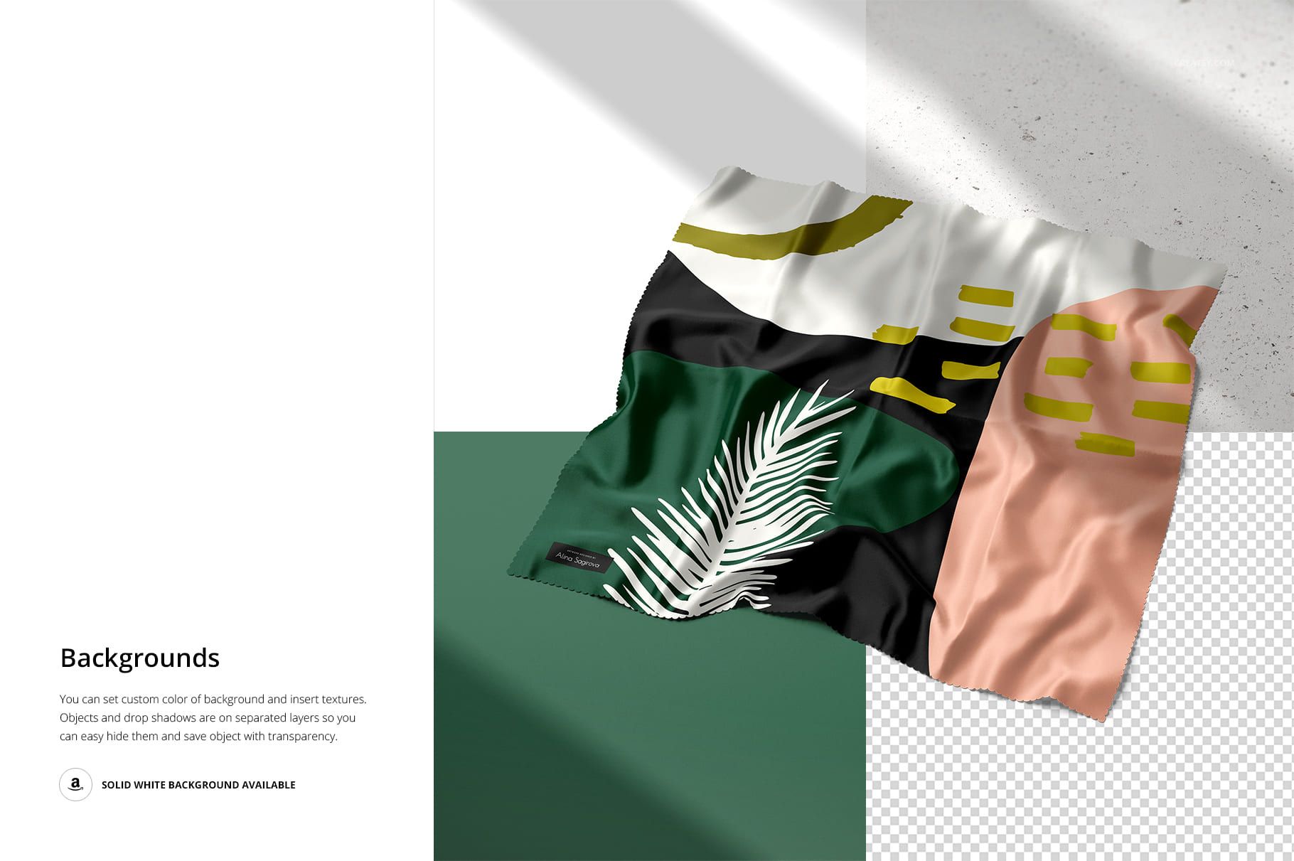 Silk fabric mockup with abstract green, black, pink, and white sections, shown from an angled top view on a white surface.