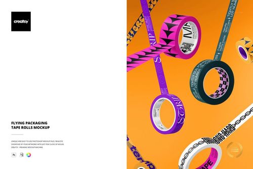 Multiple packaging tape rolls with different designs suspended in mid-air on an orange backdrop, PSD mockup style.