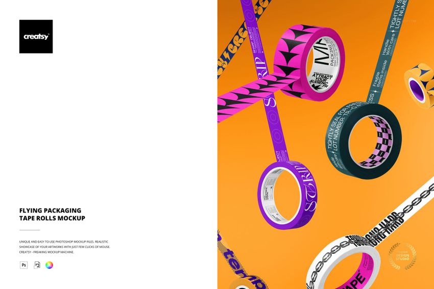 Multiple packaging tape rolls with different designs suspended in mid-air on an orange backdrop, PSD mockup style.
