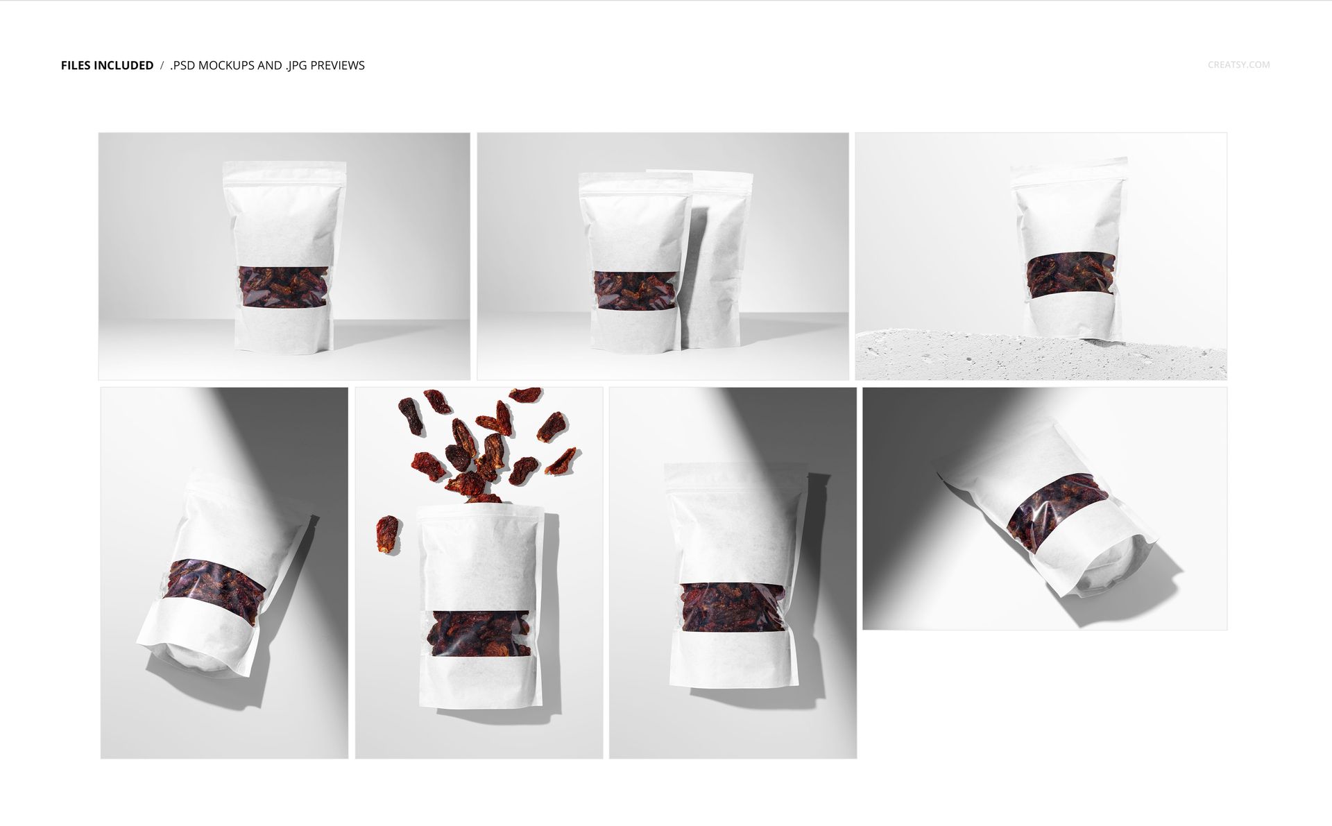 Paper pouch packaging with transparent window strip displaying sun-dried tomatoes, shown in various mockup arrangements.