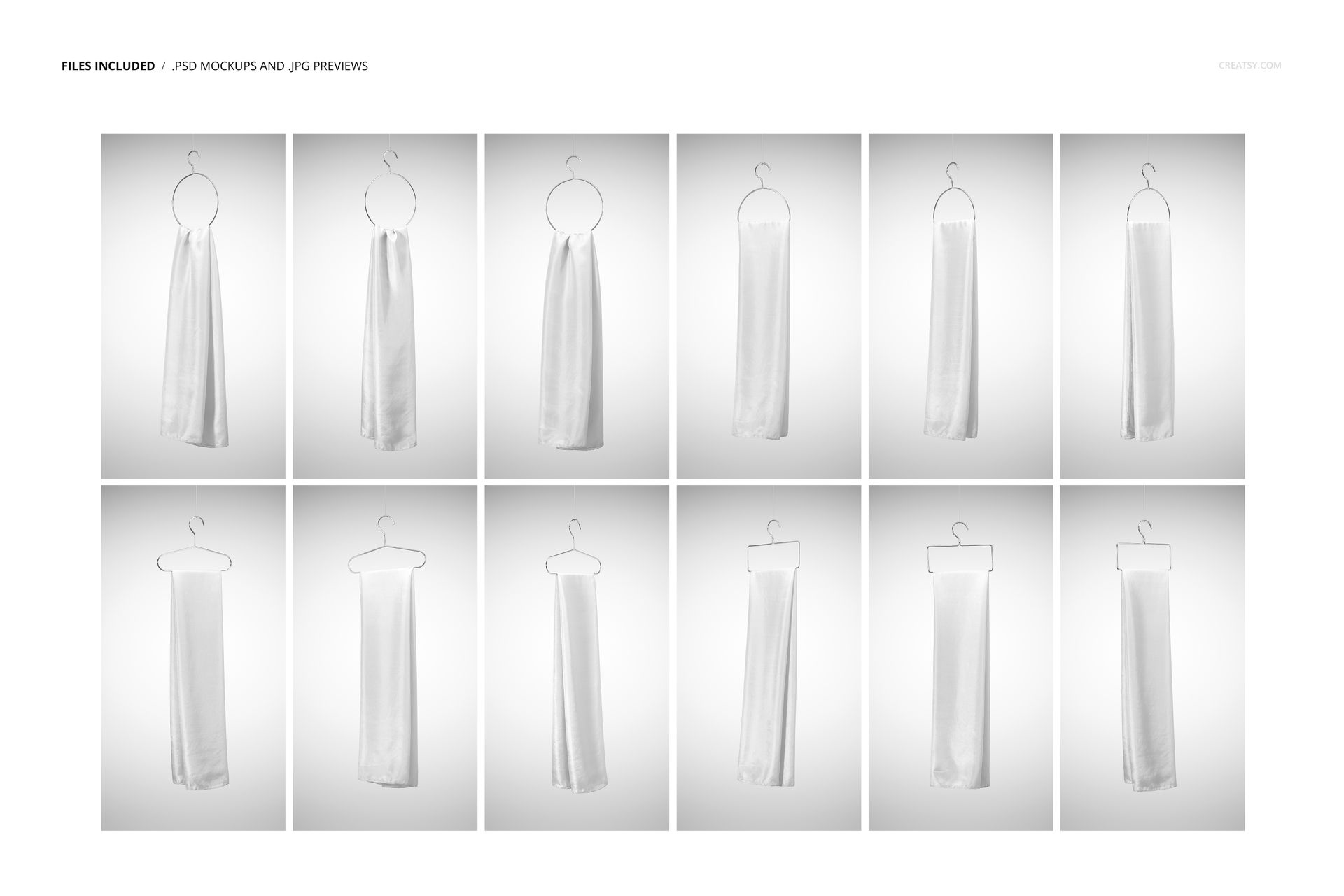 Collection of silk scarf mockups on metal and plastic hangers, featuring different draping styles in a neutral setting.