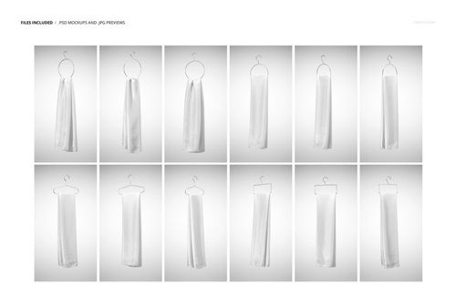 Collection of silk scarf mockups on metal and plastic hangers, featuring different draping styles in a neutral setting.