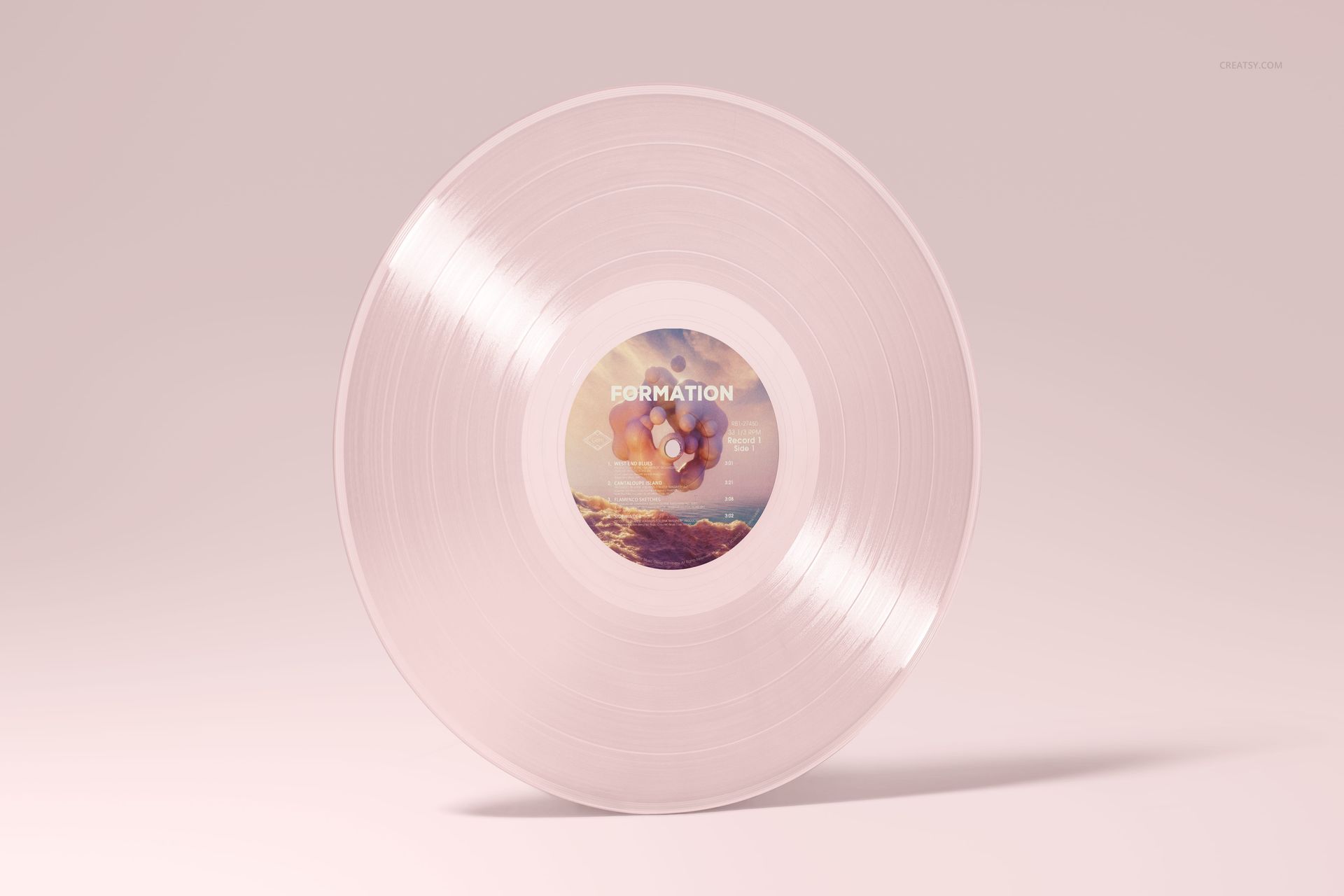 Single pale pink vinyl record mockup with a detailed round label, shown against a soft neutral backdrop.