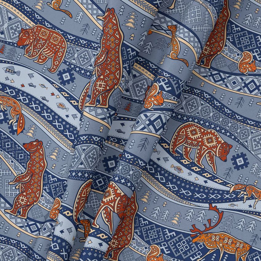 Fabric with pipe folds mockup showing a blue patterned textile featuring stylized animals and geometric motifs in earthy tones.
