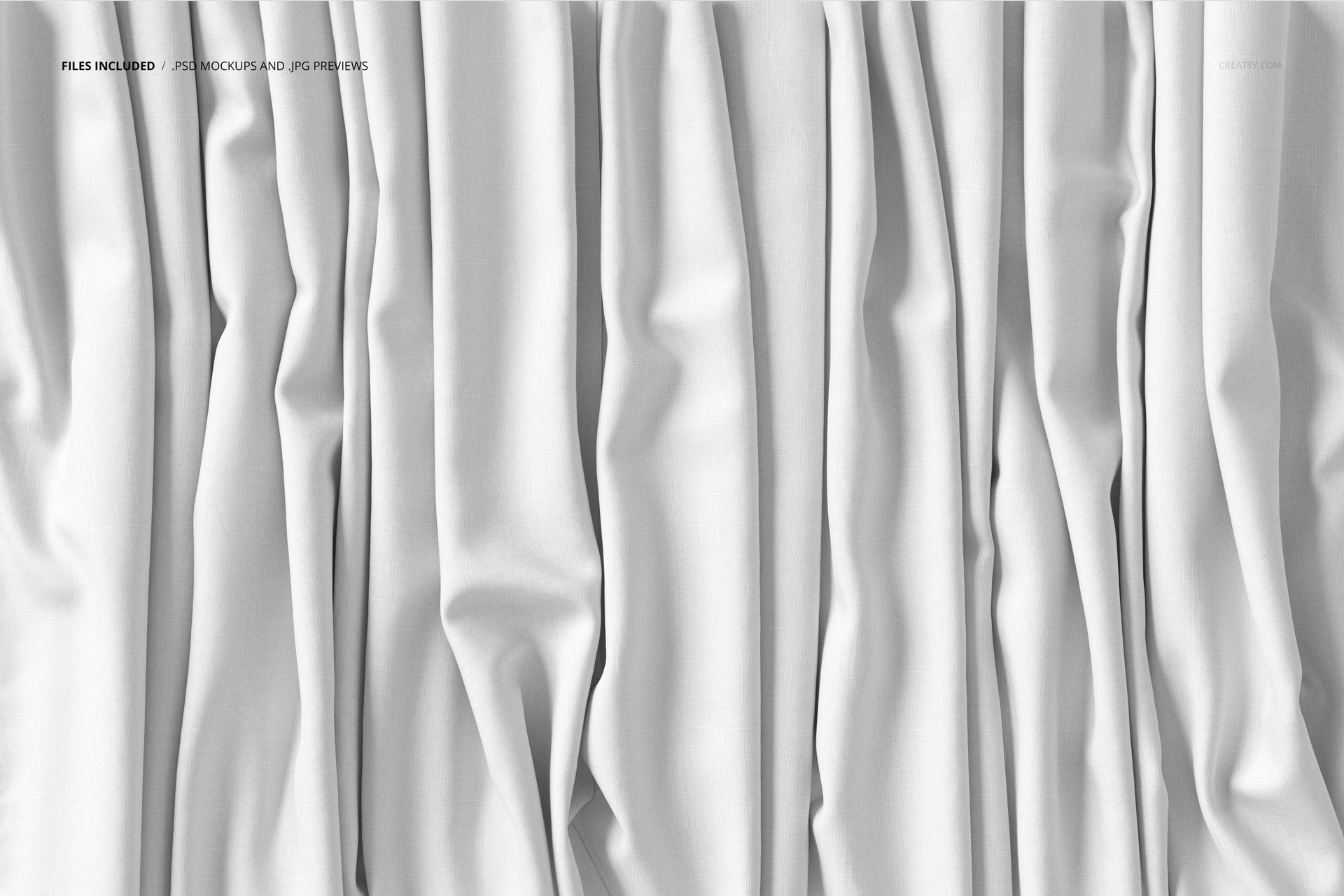 Front view of white creased fabric with vertical folds and soft shadows, displayed as a textile mockup scene.
