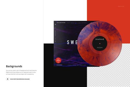Front view of a marbled effect vinyl record in orange and red tones next to a dark abstract cover, displayed on a mockup layout.
